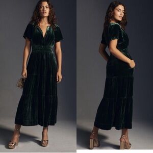 $178 NWT Anthropologie Small Velvet Dark Green Somerset Maxi Dress Pockets